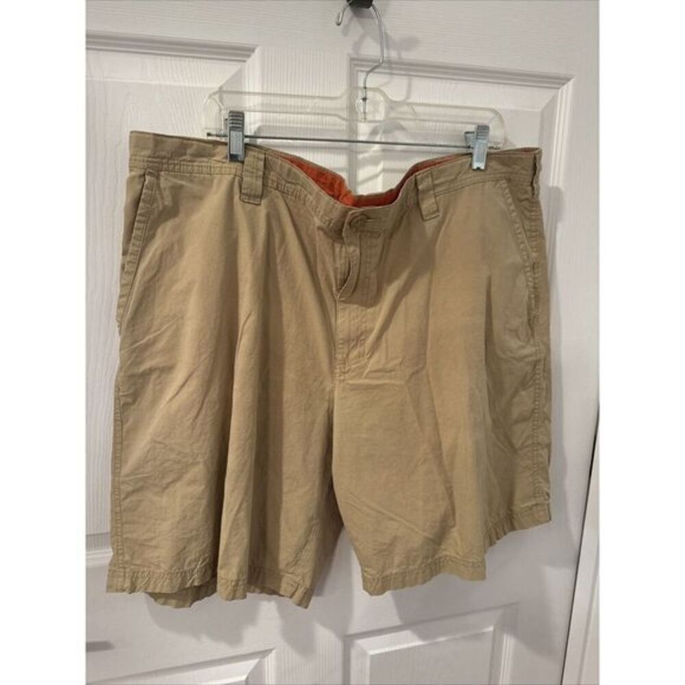 Columbia‎ Short Men's 42 Khaki Tan Washed Out Flat Front Chino w/ 10" inseam EUC